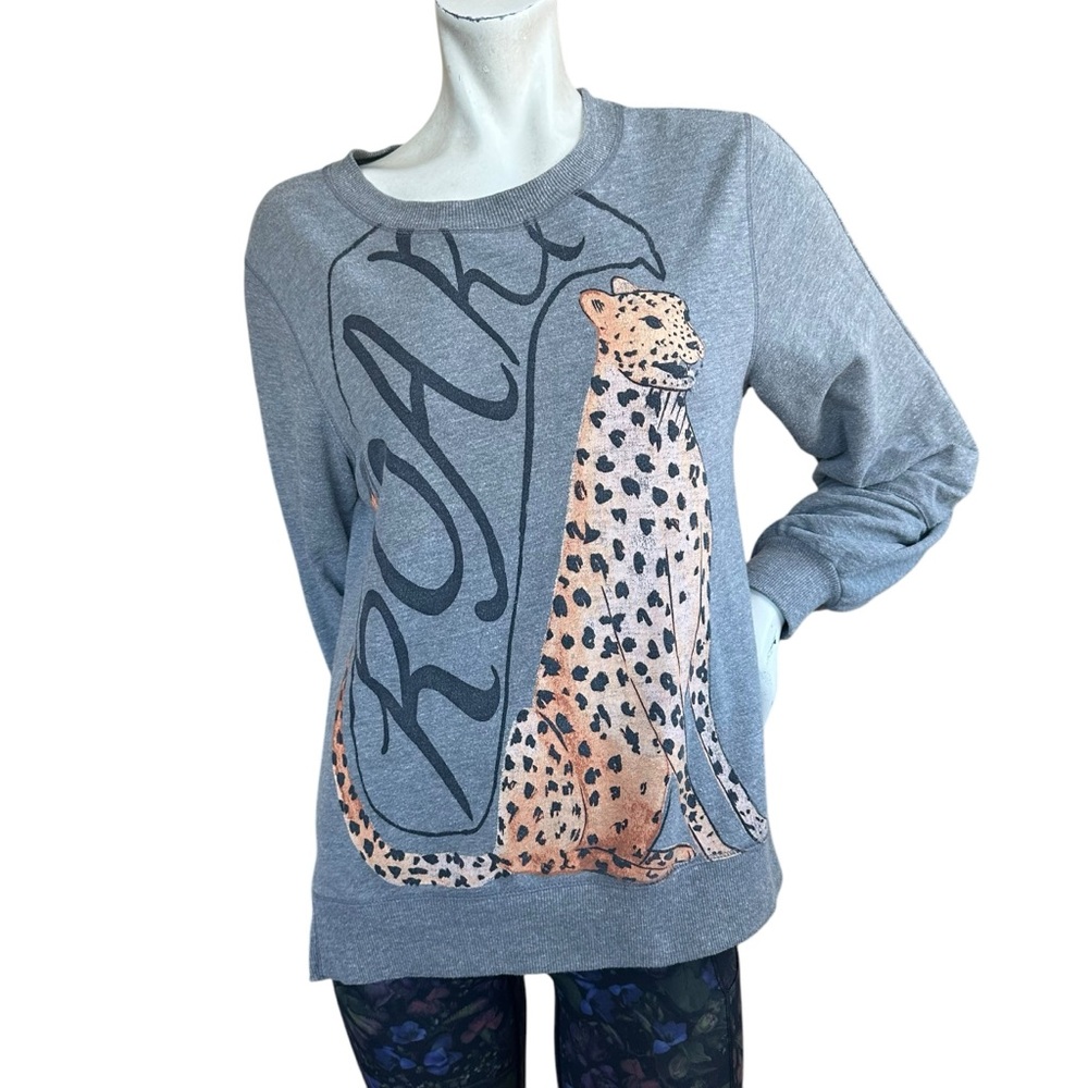 Anthropologie "Roar" Graphic Crew Sweatshirt Leopard Animal Print Gray Size XS